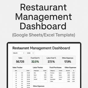 Könnte beinhalten: Ein Laptop-Bildschirm zeigt ein Restaurant-Management-Dashboard, eine Google Sheets/Excel-Vorlage. Das Dashboard zeigt Umsatz, Lebensmittelkosten, Arbeitskosten und sonstige Ausgaben. Darunter sind Umsatz- und Arbeitszeittracker, Lebensmitteleinkäufe und sonstige Ausgaben. Der Text lautet: "Kontrollieren Sie die Finanzen Ihres Restaurants."