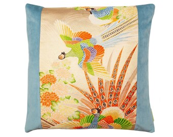 Kimono Pillow, 18 inch square throw Cushion, Cream silk on duck egg blue velvet, Upcycled vintage Japanese obi silk, Flying Pheasant Birds