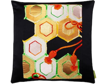 Japanese Obi Pillow, Black Silk Golden Hexagon Geometric Pattern with Black Velvet, Chinoiserie Decor, Antique Textile Designer Pillows