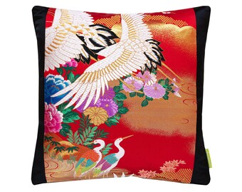 Black Velvet Pillow, red and gold accent, Flying Crane Japanese wedding kimono antique textile, remade upcycled sustainable decor Uchikake