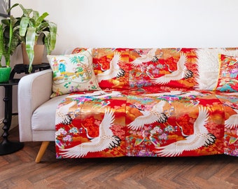 Wedding Kimono Throw, Vintage Japanese Silk Quilt, Red Crane Uchikake Blanket, Unique Wedding Anniversary Gift Textile Art Bedspread Hanging