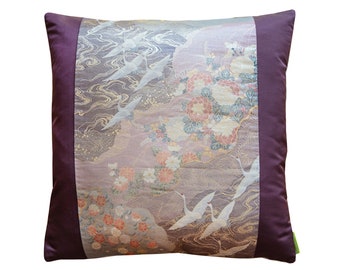 Kimono Pillow, Japanese Cranes Obi Cushion, Maroon Purple Silk with silver and peach accents, Silver Velvet Reverse, 19x19" Designer Pillow