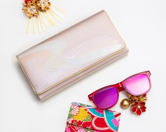 Pink Evening Clutch Bag, Silk Wedding Clutch, Bridesmaid Clutch Purse, Vintage Kimono Bag, Gold Trim Foldover Clutch, Silver River Abstract
