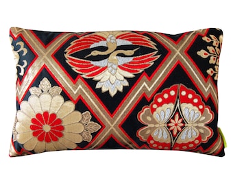 藤色のシルク帯枕、日本の着物風クッション、金色の花柄刺繍、オレンジ 藤色のシルク帯枕、日本の着物風クッション、金色の花柄刺繍、オレンジ