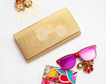 Gold Foldover Clutch, Metallic Folded Clutch Purse, Hexagon Floral Clutch, Vintage Kimono Bag, Vintage Evening Bag, Wedding Bags, Bride Gift