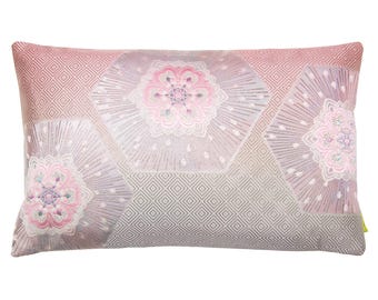 Boudoir Pillow Baby Pink Silk, Japanese Kimono Cushion, Pink Ombre Silver Accents, upcycled obi silk antique textile, Sustainable Decor