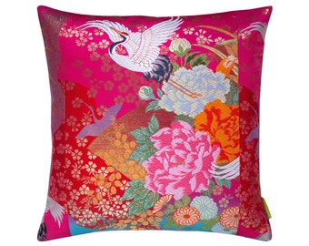 Red Silk Pillow, Floral Flying Cranes Cushion, Antique Japanese Silk Pillow, Repurposed Vintage Kimono, Pale Blue Velvet Back Oriental Decor