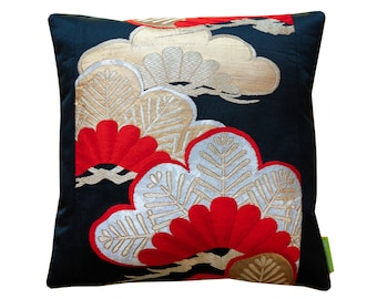 Black Silk Throw Pillow, Red Gold Accent Pillow, Upcycled Vintage Japanese Obi Silk, Pine Tree Pattern, Antique 16 Inch Pillow, Gold Velvet