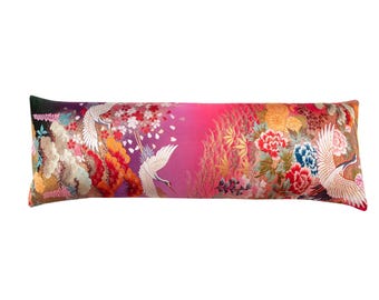 Long Bolster Pillow, Red Purple Silk, Repurposed Vintage wedding kimono cushion, Japanese Uchikake Sustainable Decor, Purple Velvet Reverse