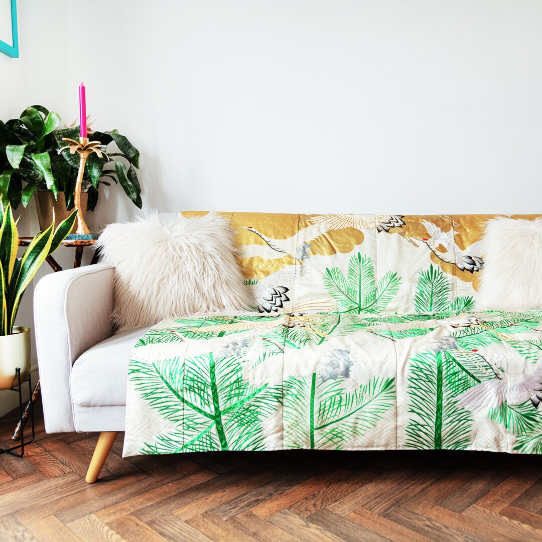 Wedding Kimono Throw, Vintage Japanese Silk Quilt, Cream Gold Uchikake