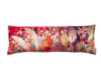 Bolster Pillow Red Gold Silk with Purple Lilac Velvet, Repurposed Vintage wedding kimono silk pillow, Japanese Uchikake Sustainable Decor