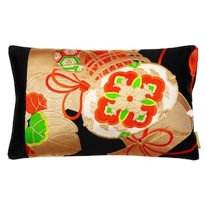 Drum pillow, Japanese obi cushion, repurposed kimono silk pillow in black with metallic gold embroidery. Sustainable home decor. Eco pillow