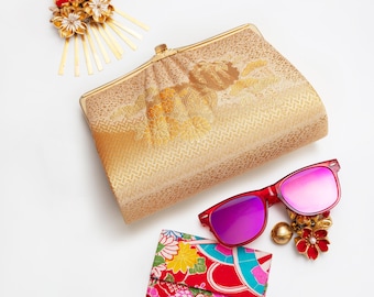 Gold Clutch Bag, Vintage Evening Bag, 1970s Metallic Gold Kimono Silk Handbag For Wedding, Clasp Floral Wedding Bags