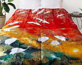 Wedding Kimono Throw, Vintage Japanese Silk Quilt, Red Green Gold Uchikake Blanket, Unique Wedding Gift ECO Textile Art Bedspread Hanging
