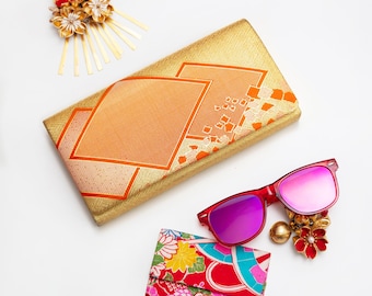 Gold Wedding Clutch Bag, 1970s Vintage Evening Bag, Geometric Orange Metallic Bridesmaid Clutch, Kimono Silk Bags For Wedding Bags
