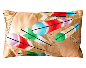Japanese Obi Cushion: Metallic Gold Silk Pillow with Embroidered Feathers