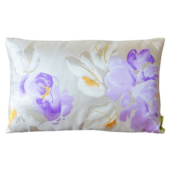 Floral kimono cushion vintage Japanese silk obi pillow in silver, cream and purple Peony embroidery gold accent luxury designer gift for her