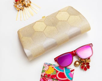 Gold Silk Clutch Bag, Metallic Evening Bag, Vintage Japanese Kimono Silk Bag with Gold Chain, Fortune Hexagons 1970s