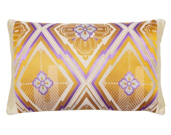 Almofada Boudoir Dourada: Seda Obi Japonesa Vintage, Estampa Geométrica de Flores