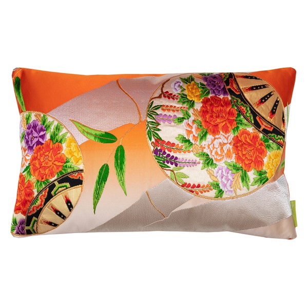 Orange Obi Pillow with cream ombre, silver bamboo pattern, vintage kimono silk cushion, Japanese antique textile, remade sustainable decor