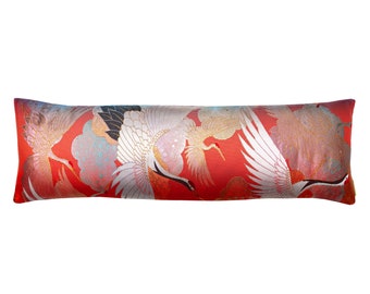 Long Red Silk Bolster Pillow, Kimono Cushion with Flying Cranes, Purple Velvet Luxury Designer Upcycled Vintage Japanese Uchikake Silk