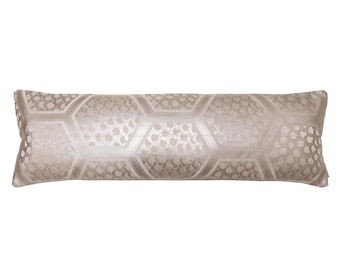 Silver Lumbar Pillow, Upcycled Vintage Japanese Kimono Silk Cushion, Geometric Patterns with Cream Velvet Back