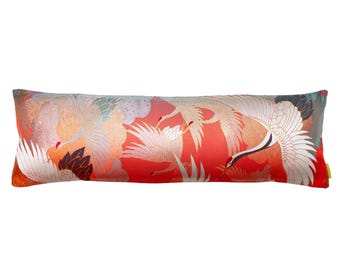 Red Body Pillow, Repurposed Vintage Wedding Kimono Silk Cushion, Oriental Cranes over Red Gold with Taupe Crushed Velvet Back, Sustainable