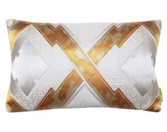 Cream Silk Obi Pillow: Gold & Silver Geometric Cushion
