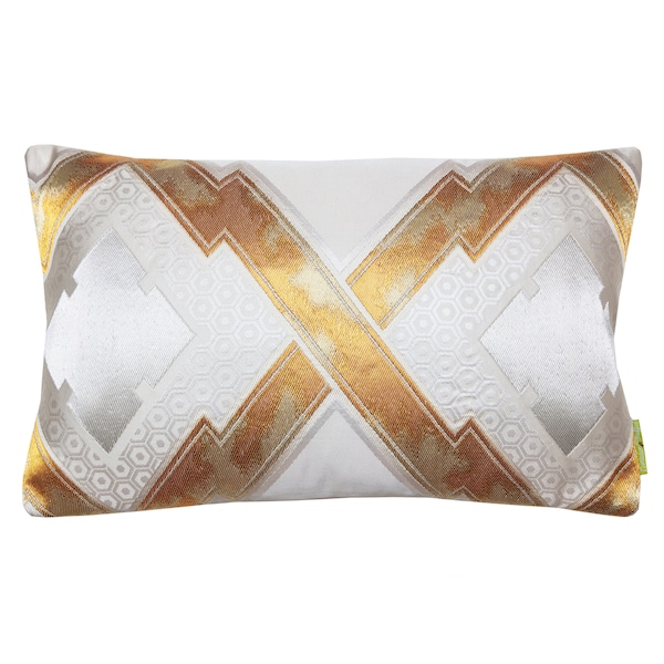 Cream Silk Pillow with gold and silver accent, Kimono silk cushion, geometric throw pillow, Vintage Japanese Obi Pillow, repurposed eco gift
