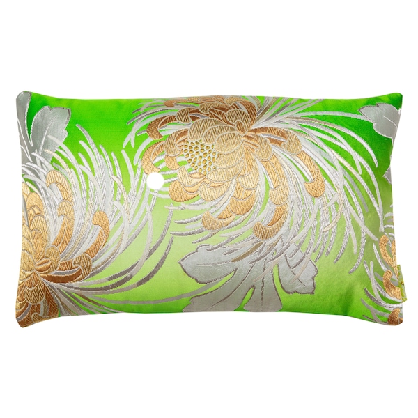 Vintage Japanese Kimono Cushion, Apple Green Silk Obi Pillow Gold Silver Chrysanthemum Flower Embroidery, Upcycled Luxury Eco Gift For Her