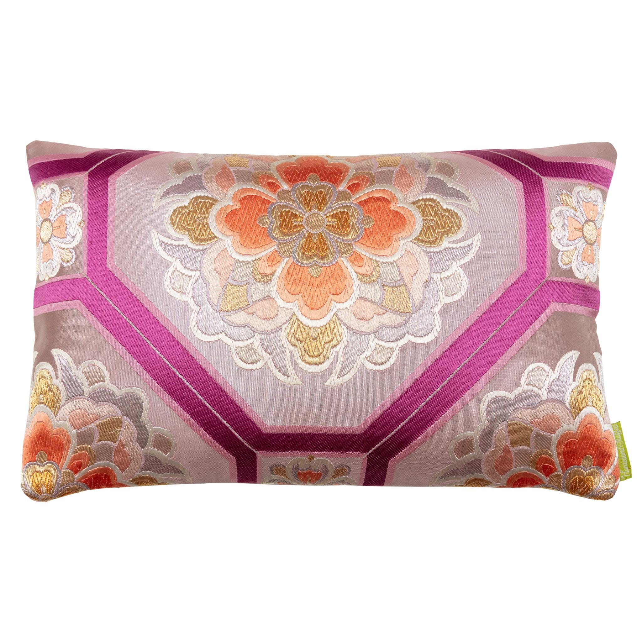 藤色のシルク帯枕、日本の着物風クッション、金色の花柄刺繍、オレンジ 藤色のシルク帯枕、日本の着物風クッション、金色の花柄刺繍、オレンジ