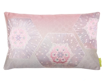 Pink Silk Boudoir Pillow, Repurposed Vintage Japanese Obi Silk, Pink White Ombre, Metallic Silver Accents, Hexagon Flowers, Pale Pink Back