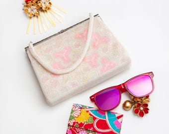 Japanese Beaded Bag, Pink and White Evening Bag, Tiny Pearl Beading Clutch, Bishamonten Kikko Pattern Vintage 1960s Japan