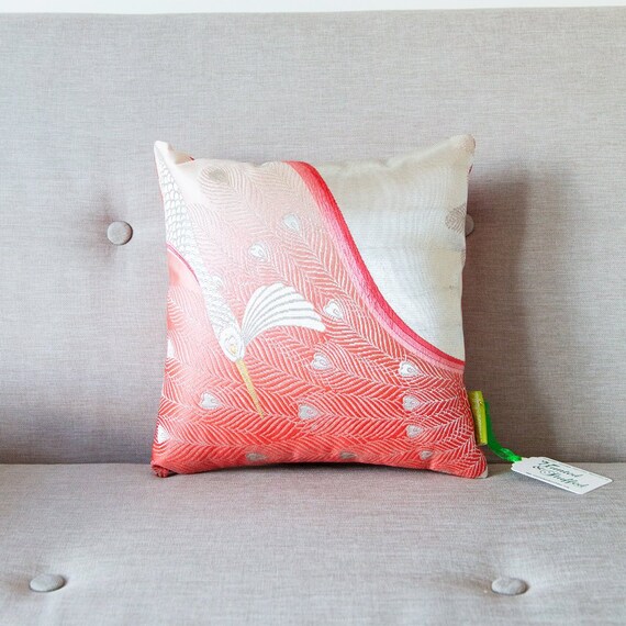 Pink Silk Cushion Silver Peacock Pillow Vintage Metallic Obi Etsy