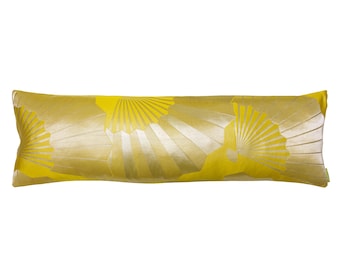 Extra Long Lumbar Pillow, Chartreuse Silk Daybed Cushion, Upcycled Vintage Japanese Kimono Obi, Cream Satin Back, Sustainable Pad Included
