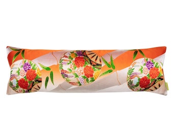 Orange Bolster Pillow, Oriental Bamboo Vintage Kimono Bolster Cushion, Japanese Antique Silk Pillow Velvet Cushion, Sustainable Wedding Gift
