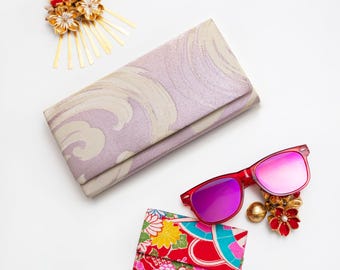 Pink Clutch Bag, Lilac Evening Clutch, Vintage Kimono Silk Handbag, 1970s Japanese Wedding Clutch Purse, Cream Wave, Pink Purse Slow Fashion