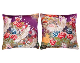 Pair Purple Silk Pillows, Upcycled Vintage Japanese Kimono Throw Cushions, 16 Inch Square, Antique Uchikake Cranes Flowers, Crushed Velvet