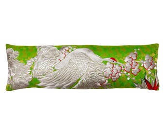 Extra Long Bolster Pillow, Bright Green Silk Daybed Cushion, Silver Embroidery Crane, Upcycled Vintage Japanese Wedding Kimono, Sustainable