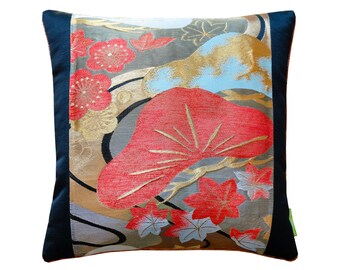 Japanese Throw Pillow, Black Silk Pillow with Gold Pine Tree Pattern, Peach Velvet Reverse, Recycled Vintage Kimono Silk Cushion 16 inch 70s