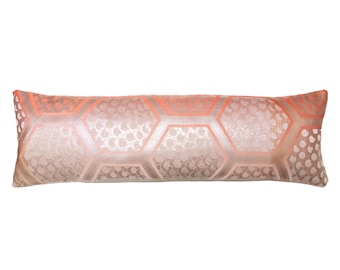 Peach Lumbar Pillow, Gold Silver Ombre Silk Daybed Cushion, Upcycled Vintage Japanese Kimono Obi, Cream Velvet, Antique Japanese Geometric