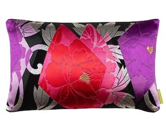 Japanese Pillows, Purple Kimono Cushion with Pink Silver Accents on Black Silk, Remade Vintage Obi Cushion, Sustainable Decor Slow Design