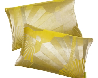 Pillow Set of 2 Japanese Obi Cushions, Chartreuse Silk Pillow Pair, Gold Fans Antique Textile Designer Pillows, Recycled Vintage Obi