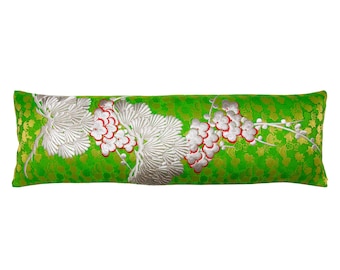 Long Bolster Pillow, Green Silver Kimono Lumbar Cushion, Upcycled Vintage Wedding Kimono Silk, Antique Uchikake, Silver Floral Embroidery