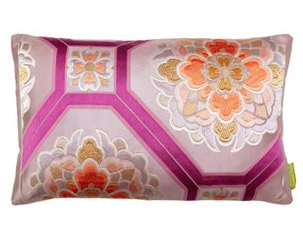 Metallic Pink Obi Pillow, Vintage Japanese Kimono Cushion with purple, silver, orange accents. Boudoir Pillow Eco Repurposed Vintage Silk