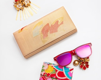 Gold Clutch Bag, Vintage Evening Clutch, Japanese Fans Kimono Silk Handbag, Red Accent Wedding Clutch, Bridesmaid Clutch Purse 1970s