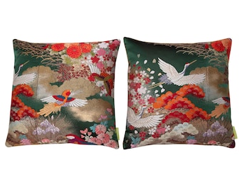 Set of 2 Dark Green Kimono Pillows, Repurposed Vintage Japanese Kimono Silk, Antique Uchikake, 16 Inch, Orange Accents Gold Velvet Back