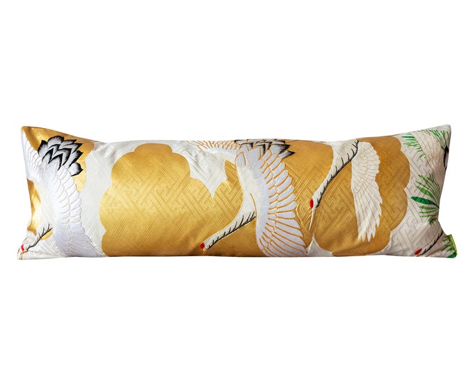 Gold Bolster Pillow, Vintage Kimono Bolster Cushion, Metallic Gold