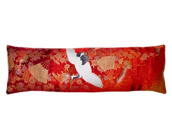 Long Red Lumbar Cushion with Gold Fans White Cranes, Vintage Wedding Kimono Bolster Pillow with Gold Satin Back, Luxury Sustainable Decor