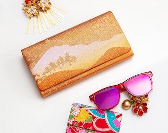 Orange Gold Wedding Clutch, 1970s Vintage Japanese Foldover Clutch, Mountain Trees Vintage Kimono Silk Evening Bags For Wedding Bags
